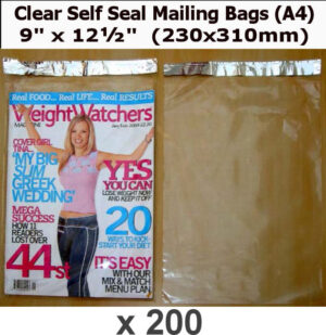 QTY 200 - 9" x 12.75" Clear Poly Bags SELF SEAL (230x310mm)